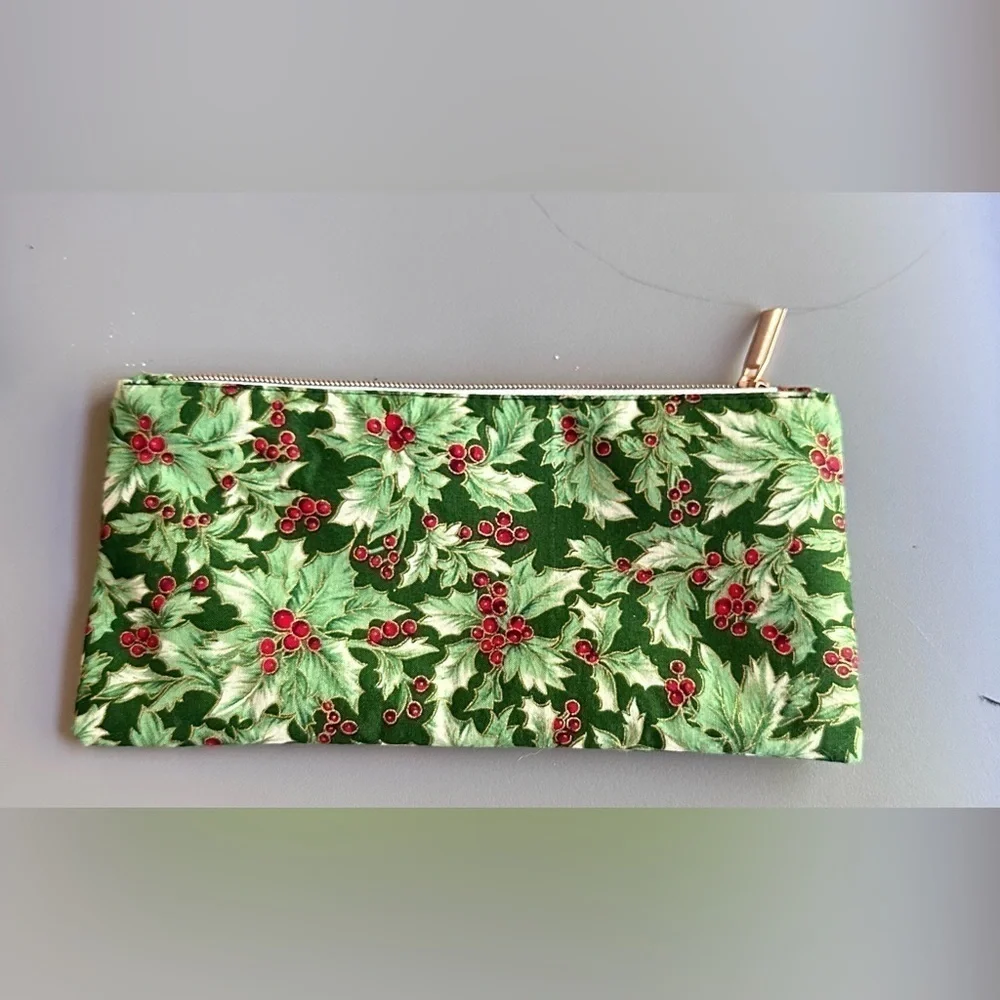 Holly berry bag pouch rose gold zipper cotton snowflake glitter linings